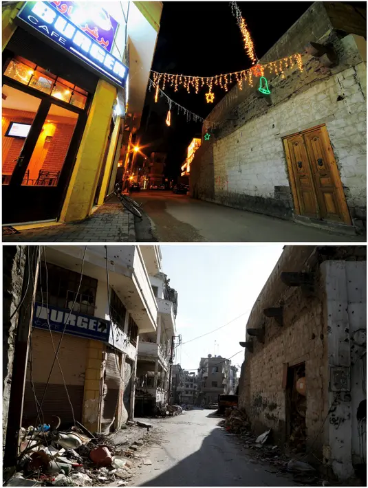 Foto kombinasi menunjukkan sebuah restoran cepat saji di Homs pada tanggal 26 Desember 2008 (atas) dan restoran yang sama kini rusak setelah perang saudara antara pemberontak dan pembela rezim Bashar al Assad, pada 13 Mei 2014. (REUTERS/Omar Sanadiki)