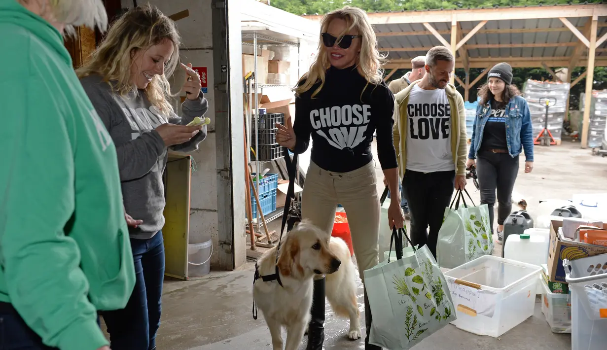 Aktris AS, Pamela Anderson menyambangi sebuah kamp untuk imigran di Calais, Prancis, 3 Mei 2017. Pamela Anderson membantu kegiatan relawan di kamp tersebut, seperti memasak dan memilah selimut. (FRANCOIS LO PRESTI/AFP)
