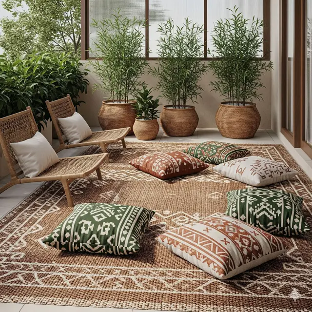 Lesehan dengan Karpet Rajut dan Bantal Etnik
