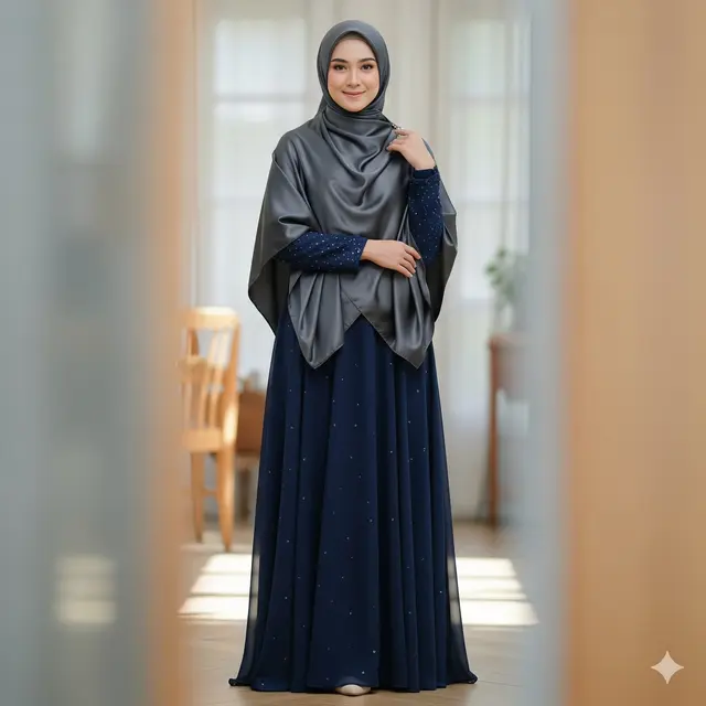 Gamis Navy Payet + Pashmina Satin Abu Gelap