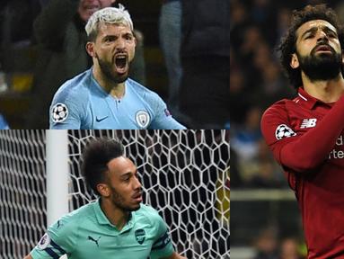 Persaingan menjadi jawara top scorer Premier League semakin seru. Sergio Aguero, Mohamed Salah dan Aubameyang bersaing ketat menjadi pemuncak top scorer Premier League musim 2018/19. (Kolase Foto AFP)