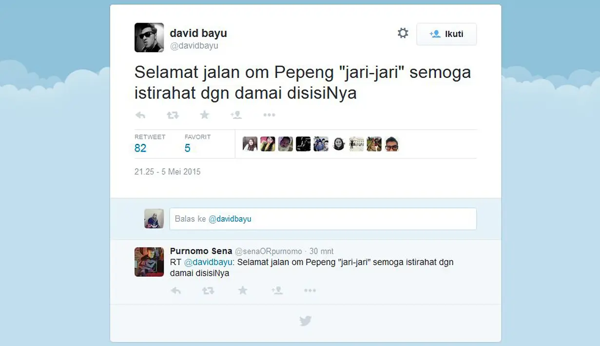 "Selamat jalan om Pepeng "jari-jari" semoga istirahat dgn damai disisiNya", vokalis Band Naif, David, lewat akun Twitter pribadinya @davidbayu. (twitter.com/davidbayu)
