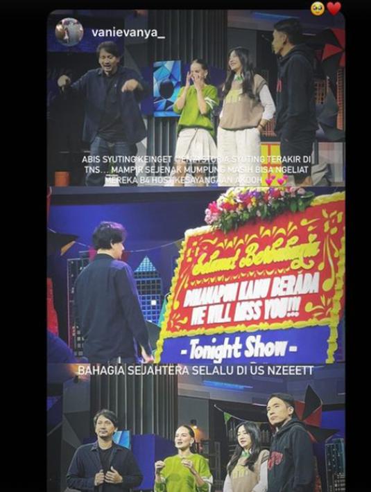 Merayakan perpisahan Enzy Storia, kru Tonight Show sudah memesan karangan bunga perpisahan untuk Enzy. Sudah seperti keluarga, kebersamaan Enzy bareng sahabat dan kru Tonight Show sangat terasa kehangatannya. Kenang momen selama jadi host Tonight Show, Enzy Storia bagikan momen-momen lawas penuh canda tawa bersama para host Tonight Show. (Liputan6.com/IG/@enzystoria)