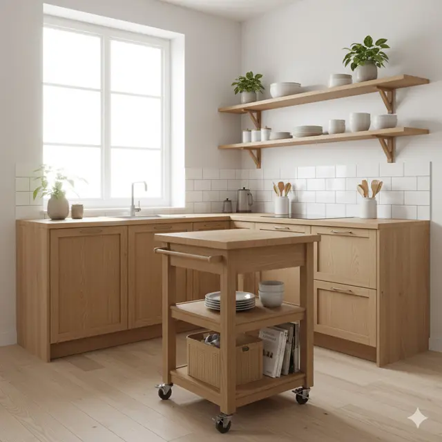 Desain Dapur Minimalis 2x3 Meter dengan Rak Kayu Gantung Ala Rustic Modern. Gemini