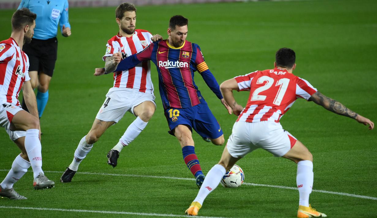 Tidak tanggung-tanggung, media Spanyol El Mundo, menerbitkan rincian kontrak Lionel Messi yang menghasilkan lebih dari 555 juta euro atau Rp9,4 triliun selama empat tahun kontrak. (Foto: AFP/Lluis Gene)