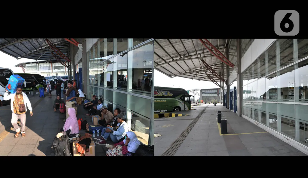 Foto kombo yang menunjukkan aktivitas pemudik pada H-8 Idul Fitri tahun lalu di Terminal Pulo Gebang, Jakarta, Selasa (28/5/2019) dan suasana sepi arus mudik akibat pandemi virus corona COVID-19 di Terminal Pulo Gebang, Minggu (17/5/2020). (merdeka.com/Iqbal S. Nugroho)