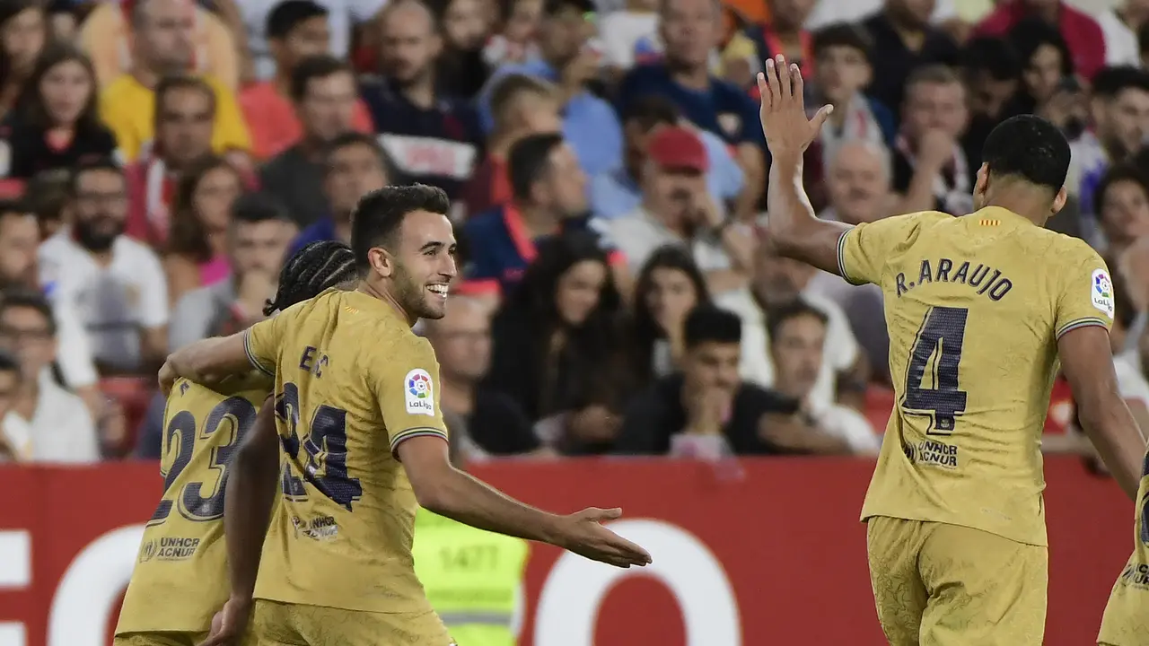 Perayaan gol pemain Barcelona saat melawan Sevilla