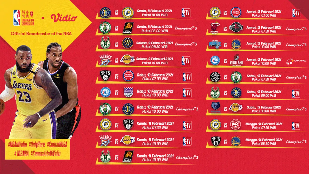 Jadwal NBA 2020/2021 pekan kedelapan di Vidio