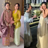 Rachel Vennya tampil dengan dua busana saat menjadi bridesmaid sahabatnya. Saat acara akad mengenakan kebaya, sedangkan resepsi mengenakan dress. (@rachelvennya)