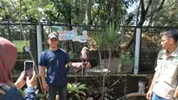 Salah satu pengunjung Taman Satwa Cikembulan Garut, Jawa Barat, tengah membawa seekor elang yang dipandu seorang petugas taman saat mencoba wahana baru ‘Animal Edutainment’. (Liputan6.com/Jayadi Supriadin)