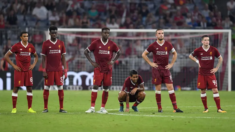 Ekspresi pemain Liverpool saat melakoni adu penalti pada final Audi Cup 2017 melawan Atletico Madrid di Allianz Arena, Munich, Kamis (3/8/2017), dini hari WIB. Liverpool kalah 4-5 (1-1).