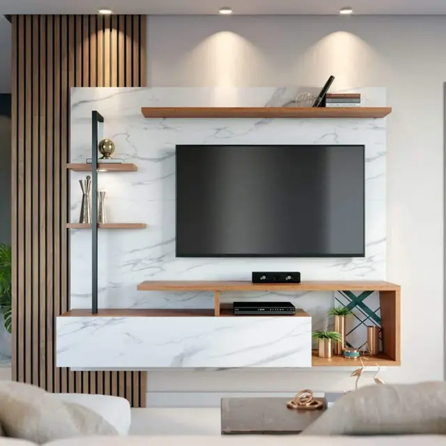 Rak TV dengan Material Marmer dan Kayu Alami (Foto: Pinterest/MadeiraMadeira)