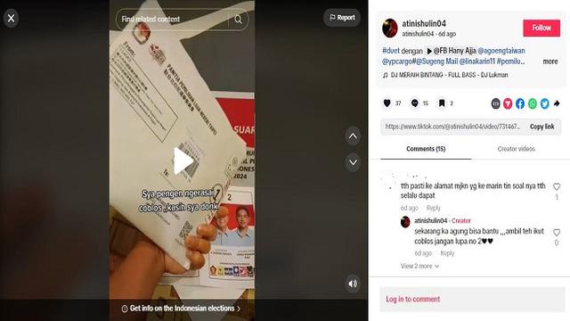 Viral video seorang WNI di Taiwan telah menerima surat suara Pemilu 2024. (TikTok @atinishulin04)