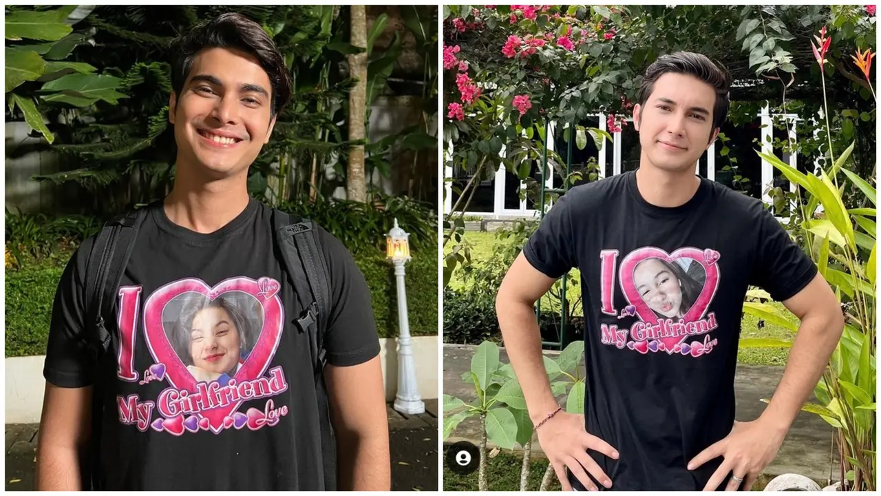 Jelang Valentine's Day 2023, Cinta Brian dan Junior Roberts pakai kaos bergambar Callista Arum serta Sandrinna Michelle (Foto: Instagram cinta_brian dan juniorrobertss)