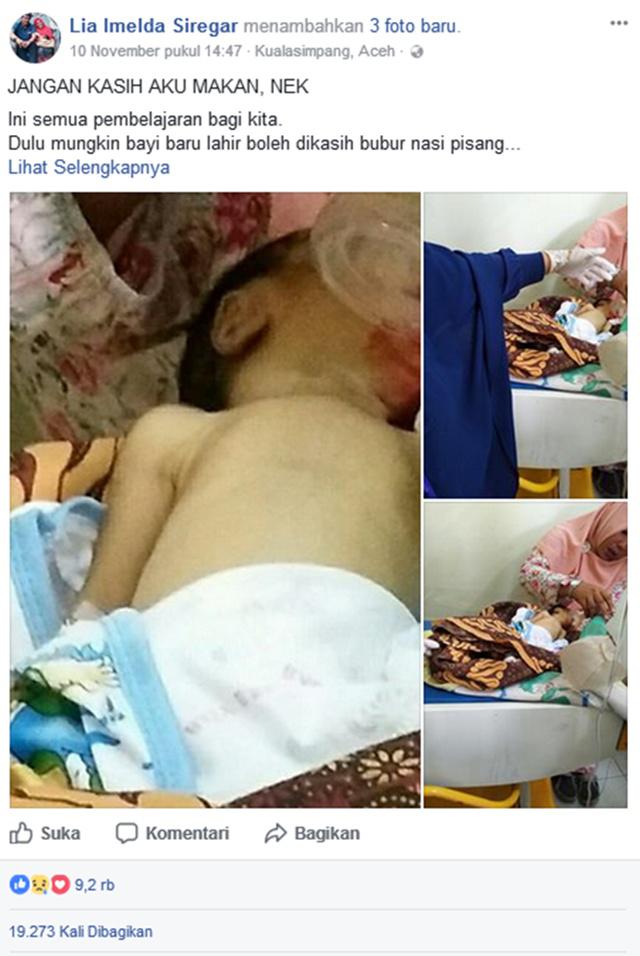 Seorang bayi yang baru berusia 10 hari meninggal dunia setelah diberi bubur nasi pisang/copyright facebook.com/Lia Imelda Siregar