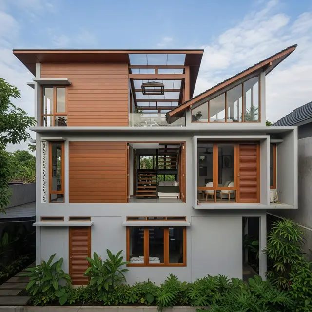 Desain Rumah Sempit Atap Miring ke Belakang