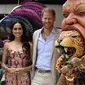 Pangeran Harry dari Inggris (kedua dari kanan) dan istrinya Meghan Markle (kedua dari kiri) berpose dengan para penari saat berkunjung ke Pusat Seni Nasional di Kolumbia, Bogota pada 15 Agustus 2024. Pangeran Harry dan istrinya, Meghan Markle, tiba di Kolombia atas undangan Marquez, yang akan menghadiri berbagai pertemuan dengan perempuan dan kaum muda untuk menolak diskriminasi dan perundungan siber. (Dok: Raul ARBOLEDA / AFP)&nbsp;