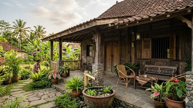10 Desain Rumah Desa Sederhana dengan Pancuran Mini di Teras, Nuansa Relaksasi