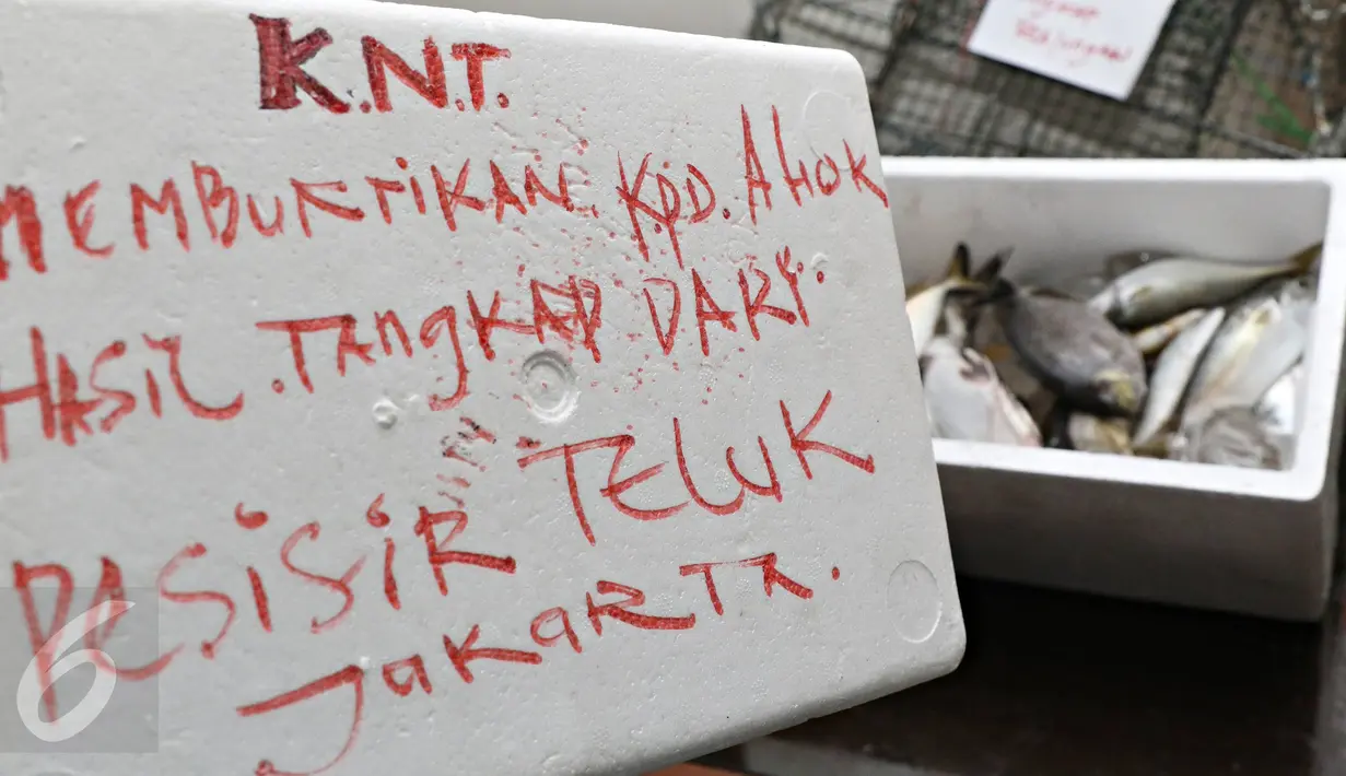 Sejumlah nelayan membawa bukti ikan hasil tangkapan mereka saat menyambangi LBH Jakarta, Selasa (19/4). Mereka menunjukkan bukti setelah diragukan Gubernur DKI Basuki Tjahaja Purnama "Ahok" ikut dalam penyegelan Pulau G (Liputan6.com/Immanuel Antonius)
