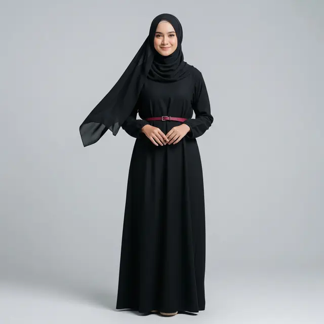 Model Gamis Terbaru Hitam Kombinasi Belt