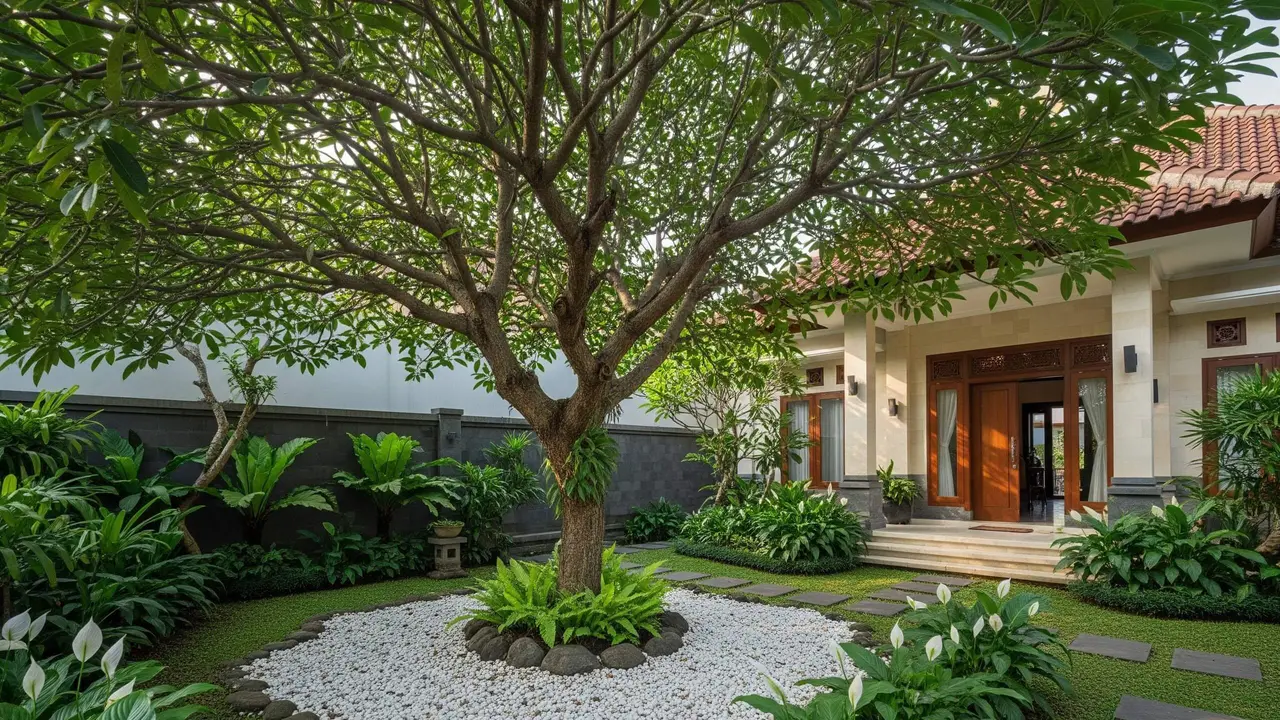 desain kebun rumah tropis di halaman depan yang mudah dirawat