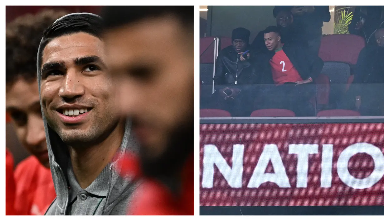 Pemain Real Madrid, Kylian Mbappe kedapatan menonton langsung laga Grup A Piala Afrika 2025 antara Maroko melawan Mali di Prince Moulay Abdellah Stadium, Rabat, Maroko, Jumat (26/12/2025) malam waktu setempat. (Foto Kolase: AFP/Gabriel Bouys)