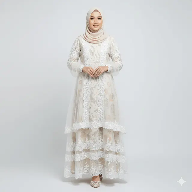 Gamis Batik Kombinasi Tule Brokat Warna Soft untuk Acara Akad. Gemini