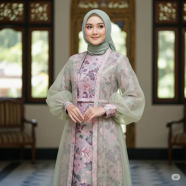 Gamis Brokat Timbul dengan Lengan Organza Balon