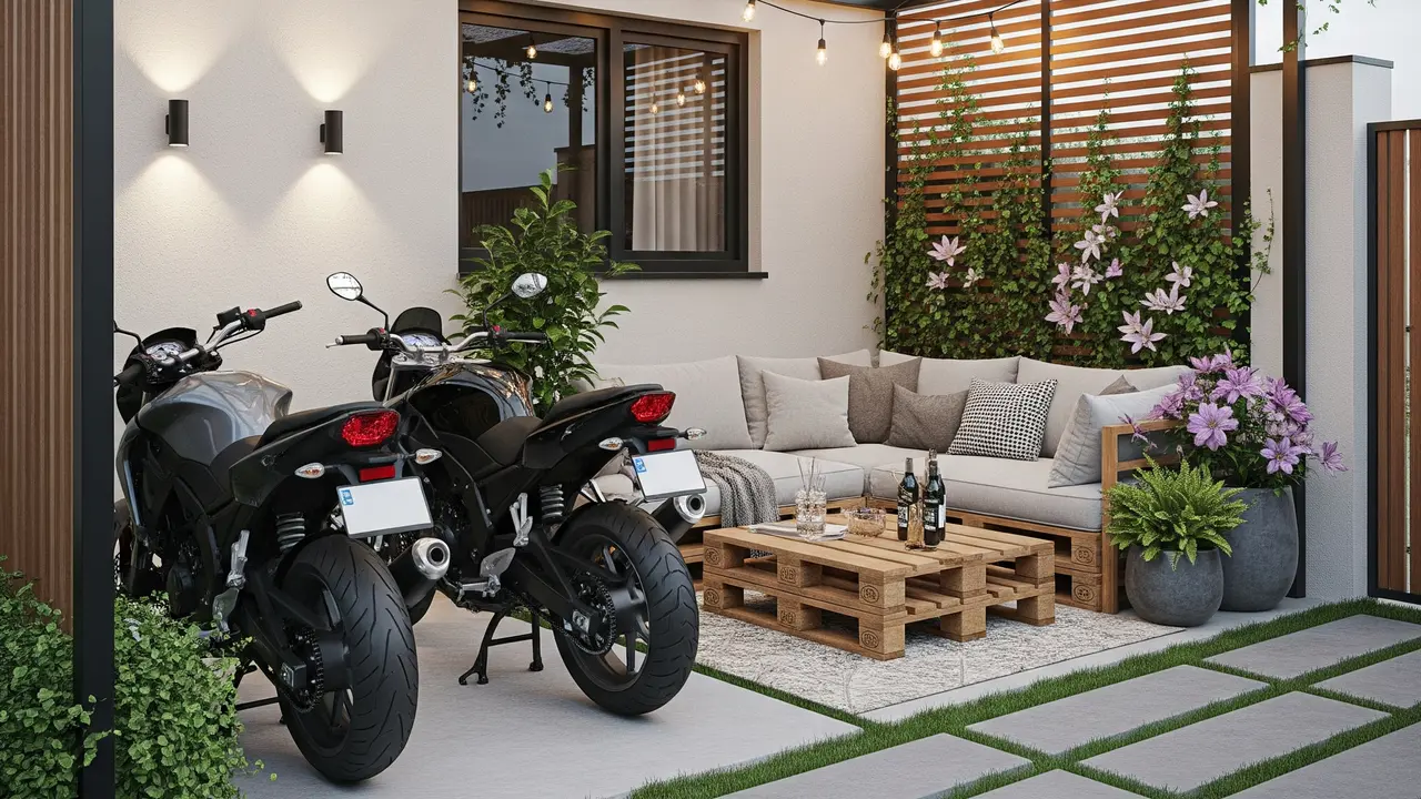 Desain Teras Rumah untuk Dua Motor dan Tempat Duduk Santai Sekaligus (Image by Gemini AI)
