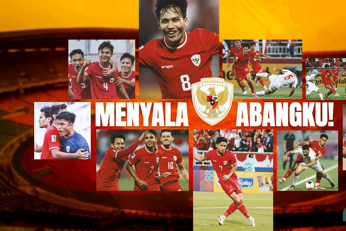 Kolase - Foto Timnas Indonesia U-23 Dengan Tulisan Menyala Abangku