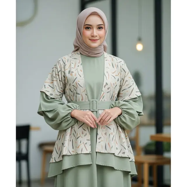 Gamis Batik Earthy Tone Kombinasi Lengan Balon Modern 2025