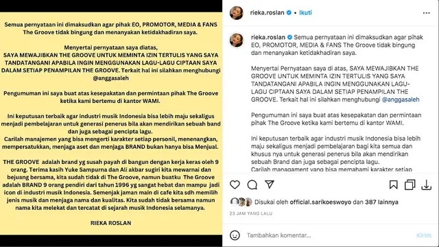 Tak Lagi Bersama, Rieka Roslan Minta The Groove Buat Izin Tertulis Jika Ingin Bawakan Lagu Ciptaannya dalam Setiap Penampilan