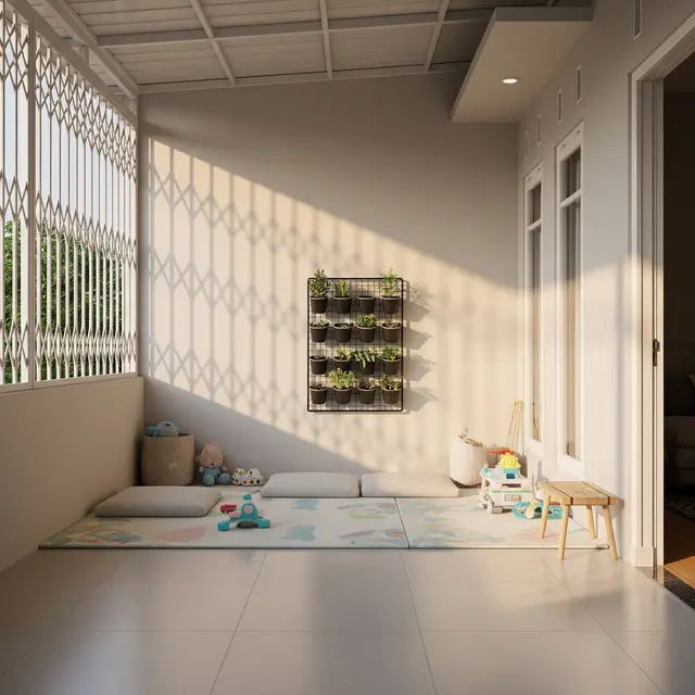 Desain Teras Ramah Balita dengan Kebun Mini Model Berpagar dengan Kebun Mini di Sisi Dinding