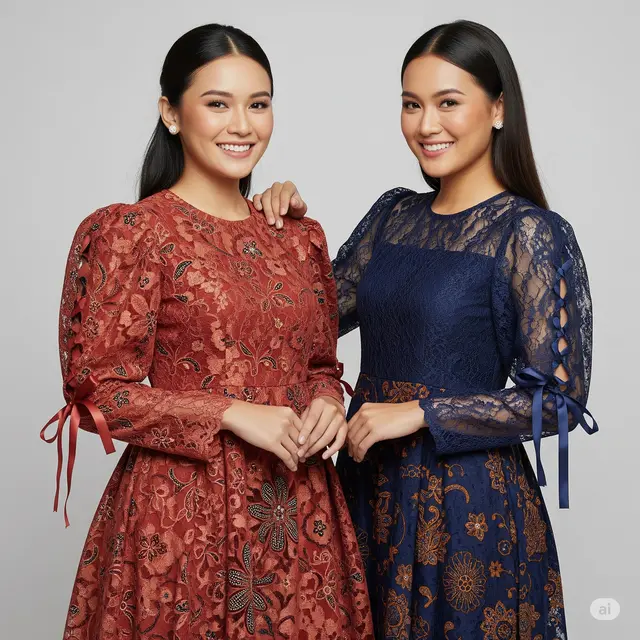 Model Batik Long Dress Kombinasi Brokat Lengan Puff.