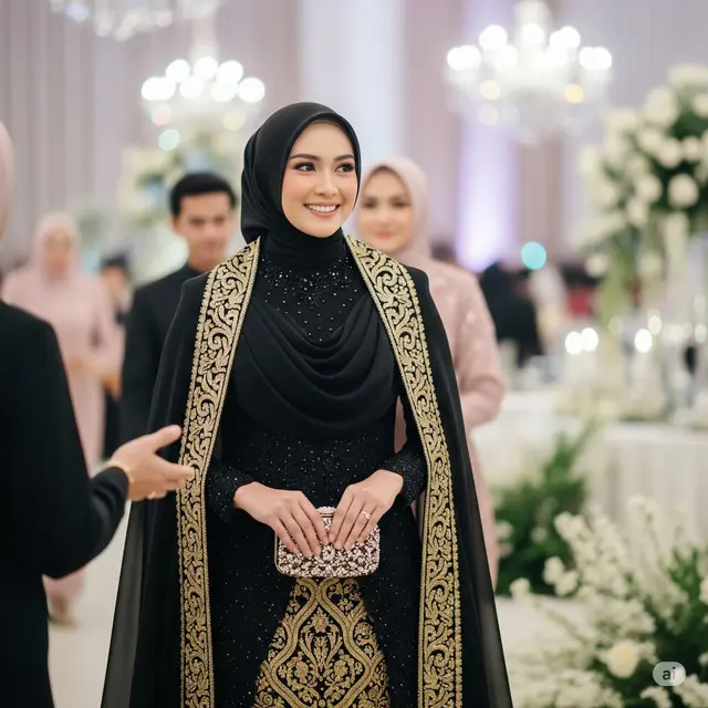 Gamis Cape Hitam + Brokat Emas