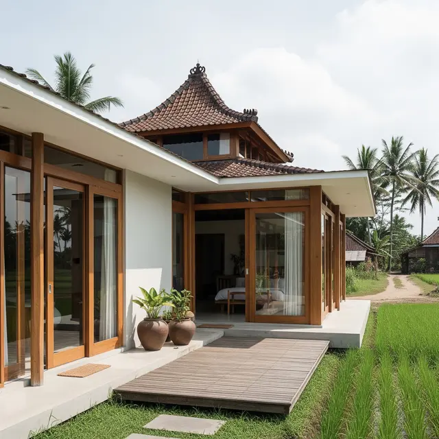 Desain Rumah Minimalis di Desa dengan Atap Limasan dan Sentuhan Kayu Alami
