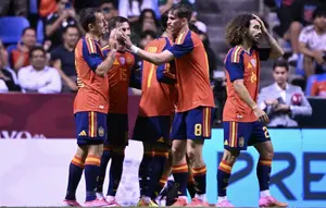 Timnas Spanyol berhasil meraih kemenangan 3-1 atas Peru pada laga uji coba jelang Piala Dunia 2026 di Estadio Cuauhtemoc, Puebla City, Selasa (09/06/2026) pagi WIB. (AFP/CARL DE SOUZA)