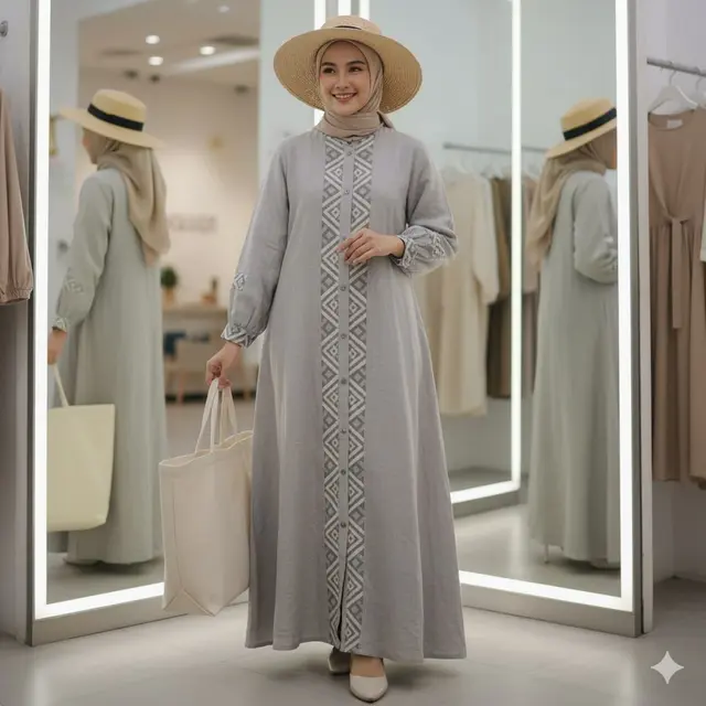 Gamis Linen Warna Sage dengan Aksen Batik Geometris