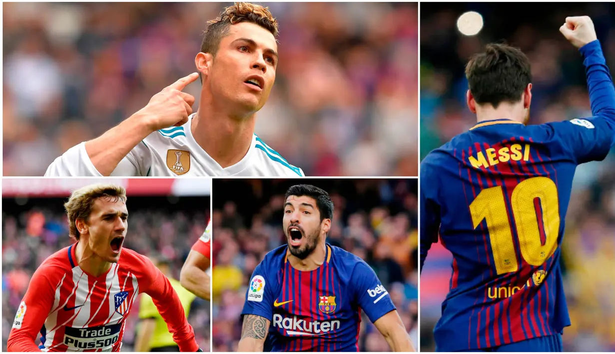 Berikut ini top scorer sementara La Liga musim 2017/2018 hingga pekan ke-28. Lionel Messi masih teratas dengan torehan 24 gol. (Kolase foto-foto AFP)