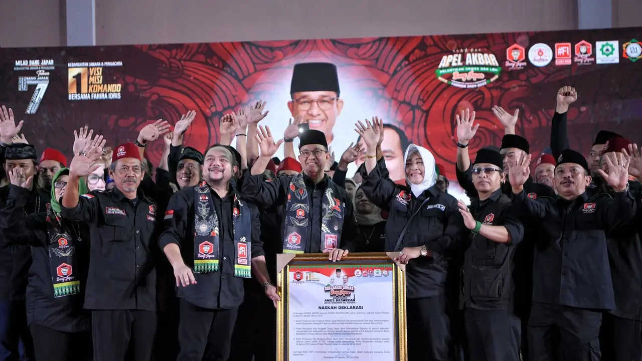 Ormas Kebangkitan Jawara dan Pengacara (Bang Japar) mendeklarasikan dukungan untuk Anies Baswedan maju sebagai bakal calon gubernur pada Pilkada Jakarta 2024.