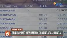 Ribuan penumpang menumpuk di ruang tunggu Bandara Juanda, Surabaya, akibat pembatalan belasan rute ke Bali imbas Gunung Agung meletus.