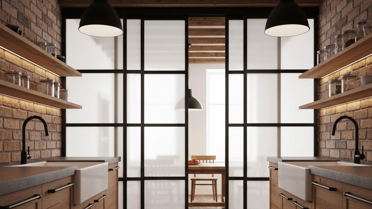 7 Desain Dapur Rumah Type 36 Ukuran 2x2 Meter dengan Partisi Kaca Geser ke Ruang Makan
