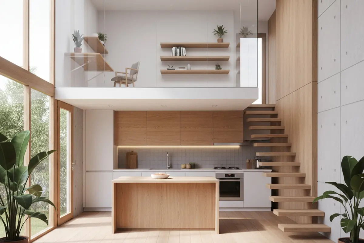 Model Rumah Kecil Tapi Luas dengan Loft di Atas Dapur yang Fungsional