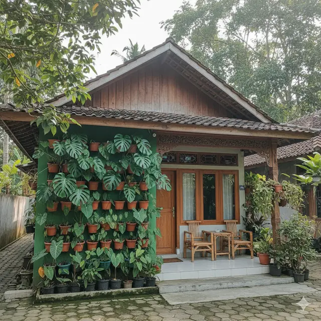 Model Rumah Kecil Tapi Luas dengan Tanaman Daun Lebar di Teras Depan