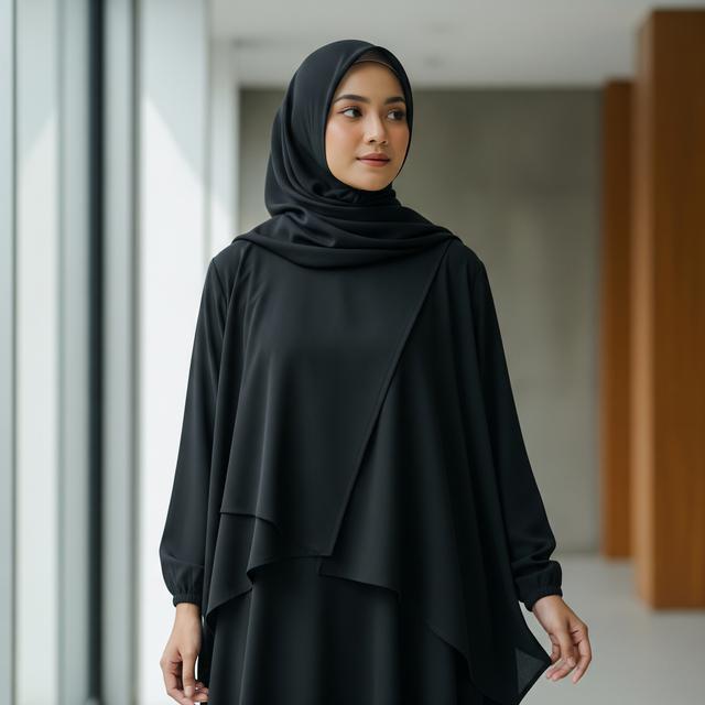 3. Gamis Hitam Layer Asimetris