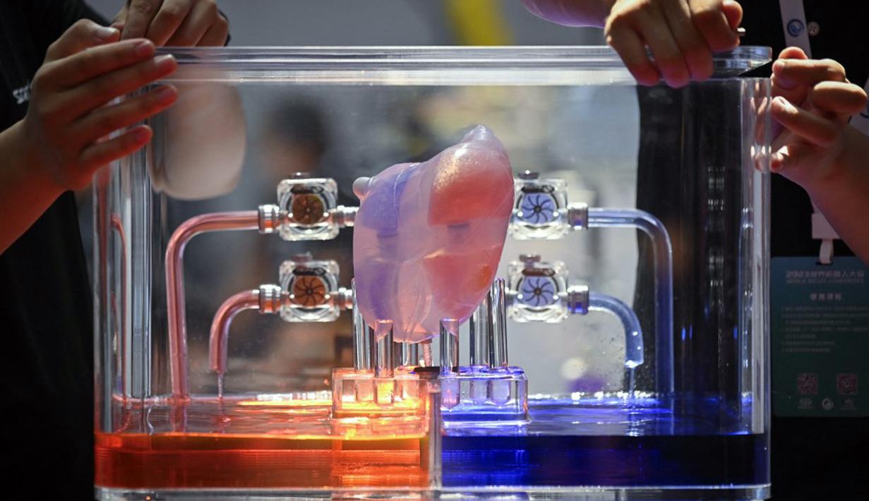 Jantung buatan ditampilkan pada Konferensi Robot Dunia 2023 di Beijing, China, Rabu (16/8/2023). Konferensi Robot Dunia 2023 yang sangat dinantikan ini berlangsung dari tanggal 16 hingga 22 Agustus 2023. (WANG Zhao/AFP)