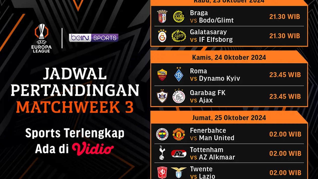 Jadwal Pertandingan Liga Europa 2024/25 Matchweek 3 di Vidio