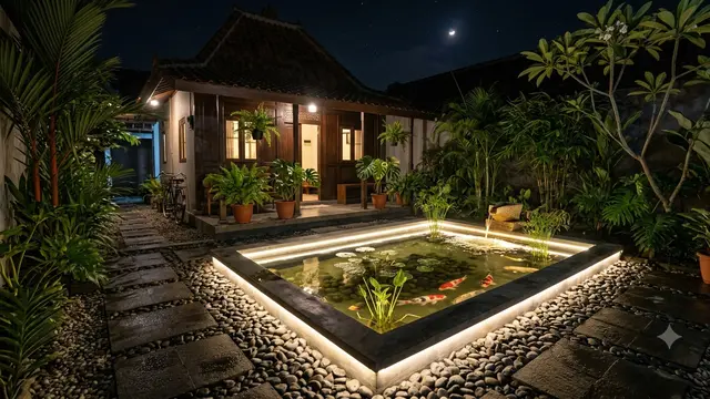 Inspirasi Kolam Sudut Berbentuk Segitiga dengan Desain Minimalis yang Bikin Halaman Kecil Terasa Luas Model dengan Pencayaan Malam