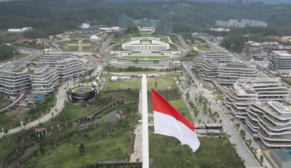 Foto udara yang diambil pada 14 Agustus 2025 ini menunjukkan Istana Kepresidenan dan gedung-gedung kementerian pemerintah yang sedang dalam tahap pembangunan di Ibu Kota Nusantara (IKN), ibu kota baru Indonesia yang direncanakan, di Kalimantan Timur. (Foto oleh AFP)