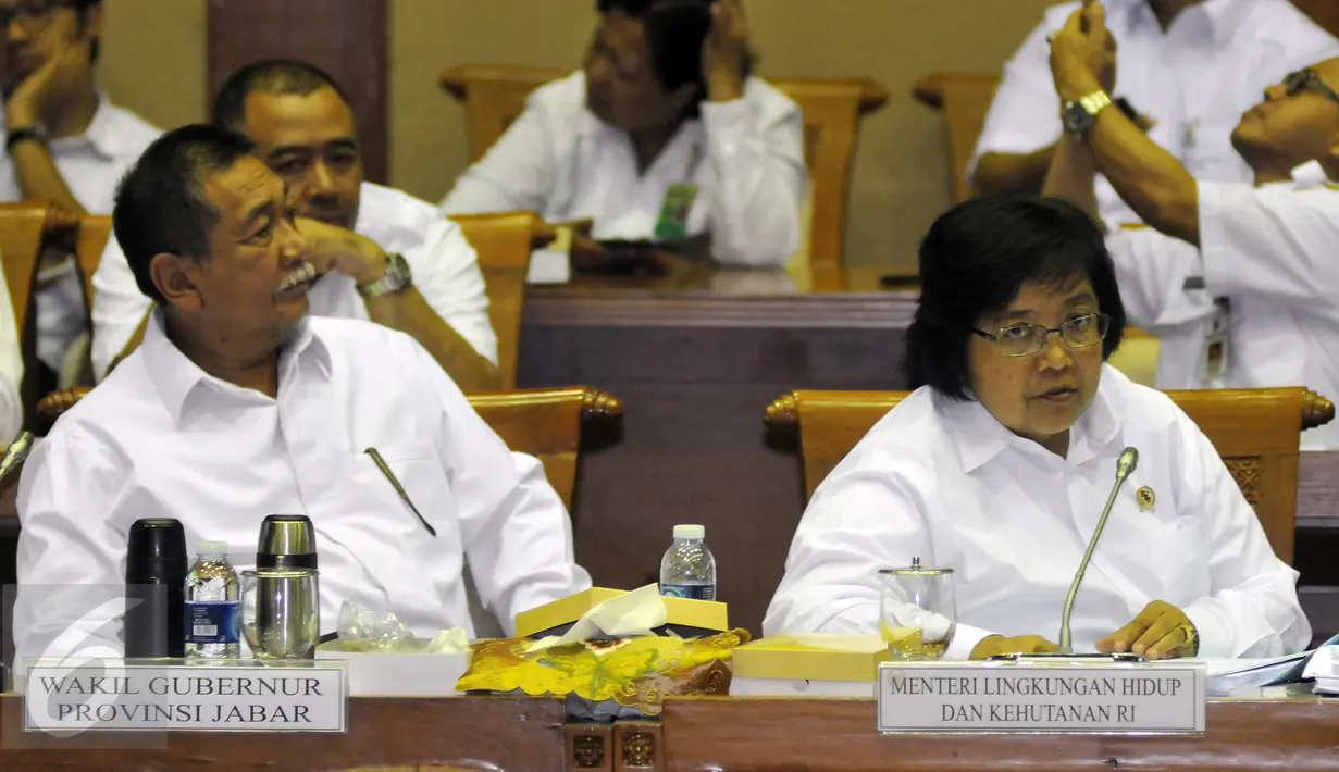 Wagub Jawa Barat Deddy Mizwar (kiri) bersama Menteri LHK Siti Nurbaya saat raker  dengan Komisi VII DPR RI, Jakarta Rabu (20/4). Rapat tersebut membahas permasalahan reklamasi Pantai Teluk Jakarta. (Liputan6.com/JohanTallo)